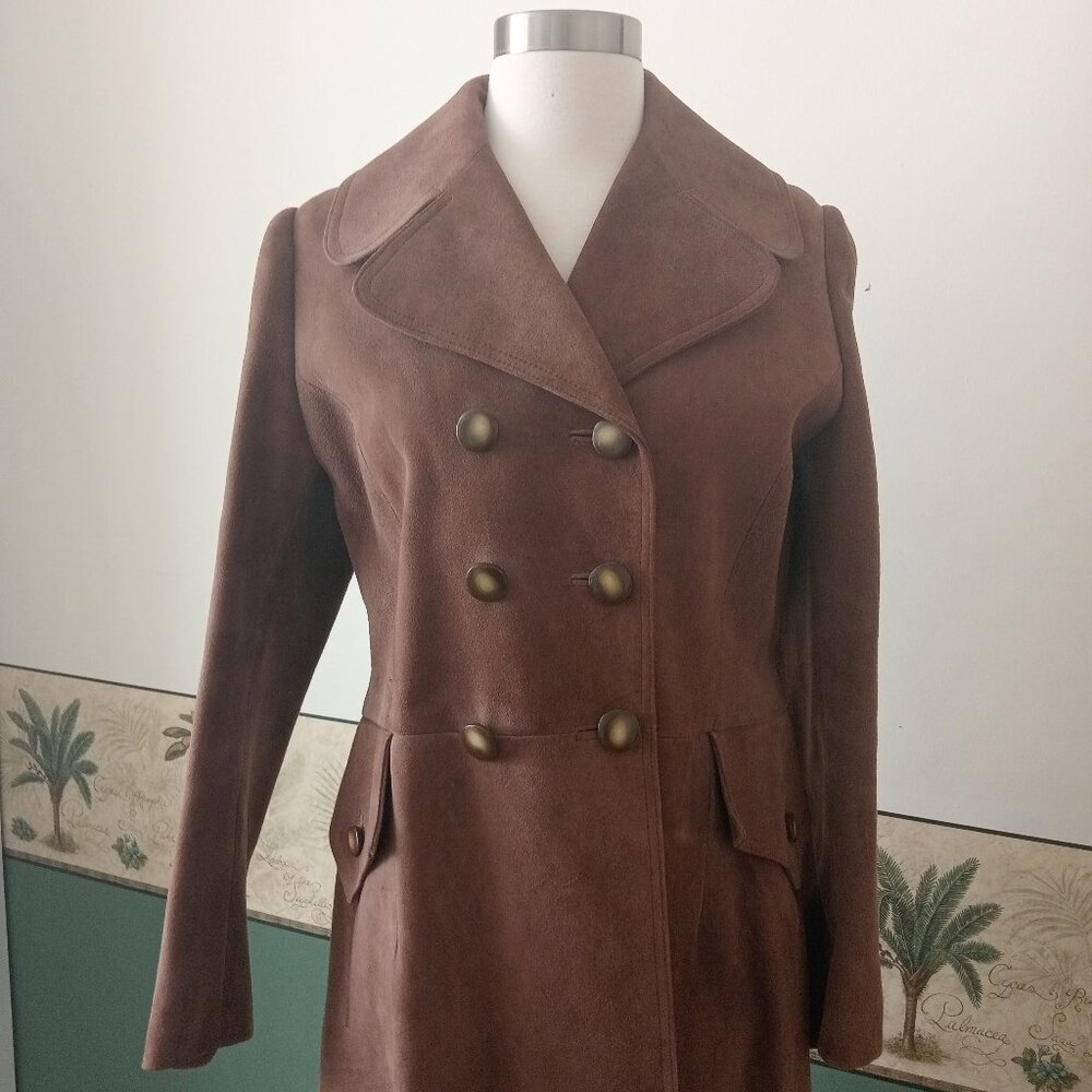 True Vintage 70s Tan Brown Trench Peacoat Knee Length Suedette Full Lining